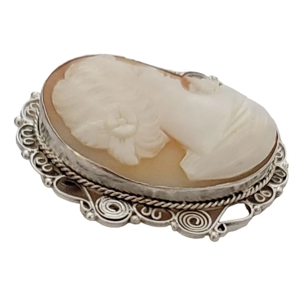 800 Sterling Silver Carved Shell Cameo C-Clasp Brooch Pendant K91 - Picture 4 of 11